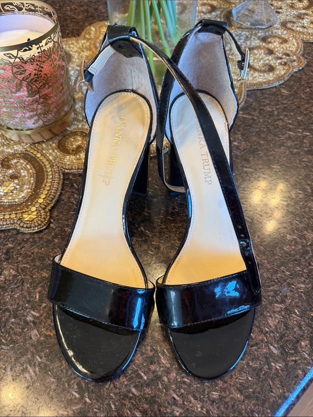Ivanka Trump Women's Black Patent Leather Block Heel Sandals 7.5